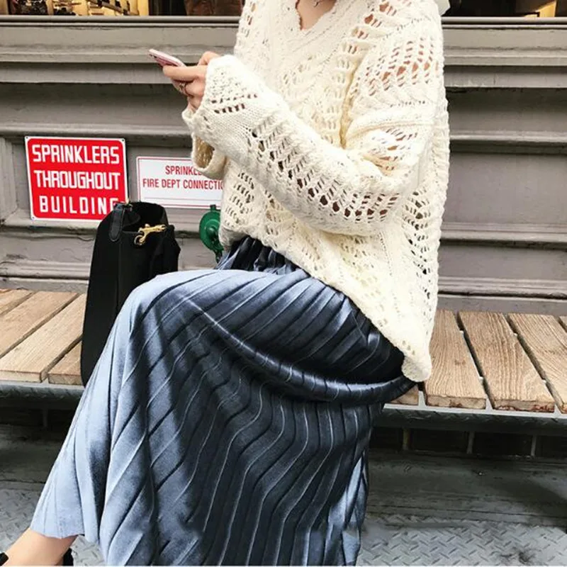 

Aprmhisy Vintage Metallic Silver Pleated Skirt Women Female Spring Autumn Elastic High Waist Casual Party Skirts