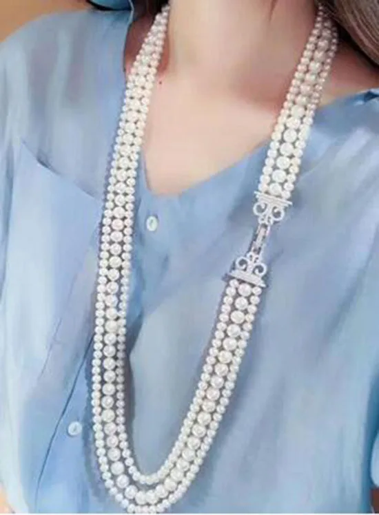 three rows 7-10mm south sea round white pearl necklace 22"23"24" KKK