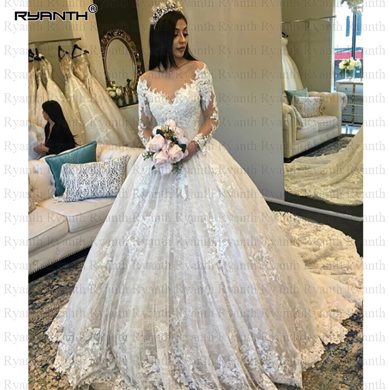 Сексуальная Чистая иллюзия совок шнуровка сзади Vestido de noiva Robe de mariee с длинными рукавами принцесса кружева бальное платье свадебное платье