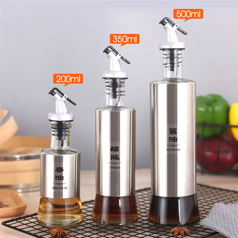 

Kitchen Glass Oil Bottle Stainless Steel Cooking Seasoning Bottle Dispenser Sauce Bottle Vinegar Cruet Pot Kitchen Utensil Set