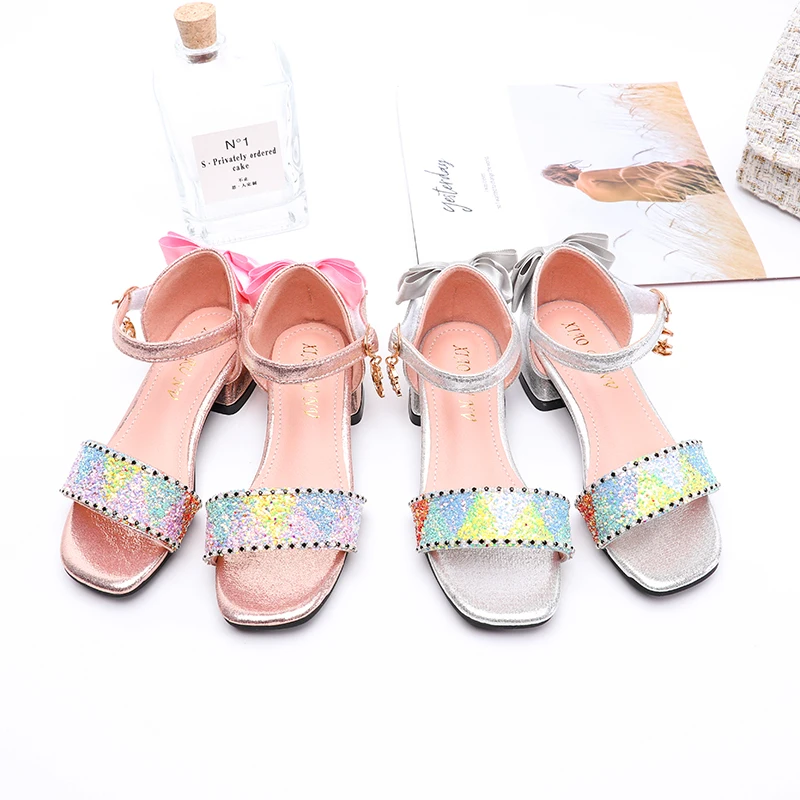 Летние сандалии стразы для девочек принцессы обувь с бантом детская на каблуке