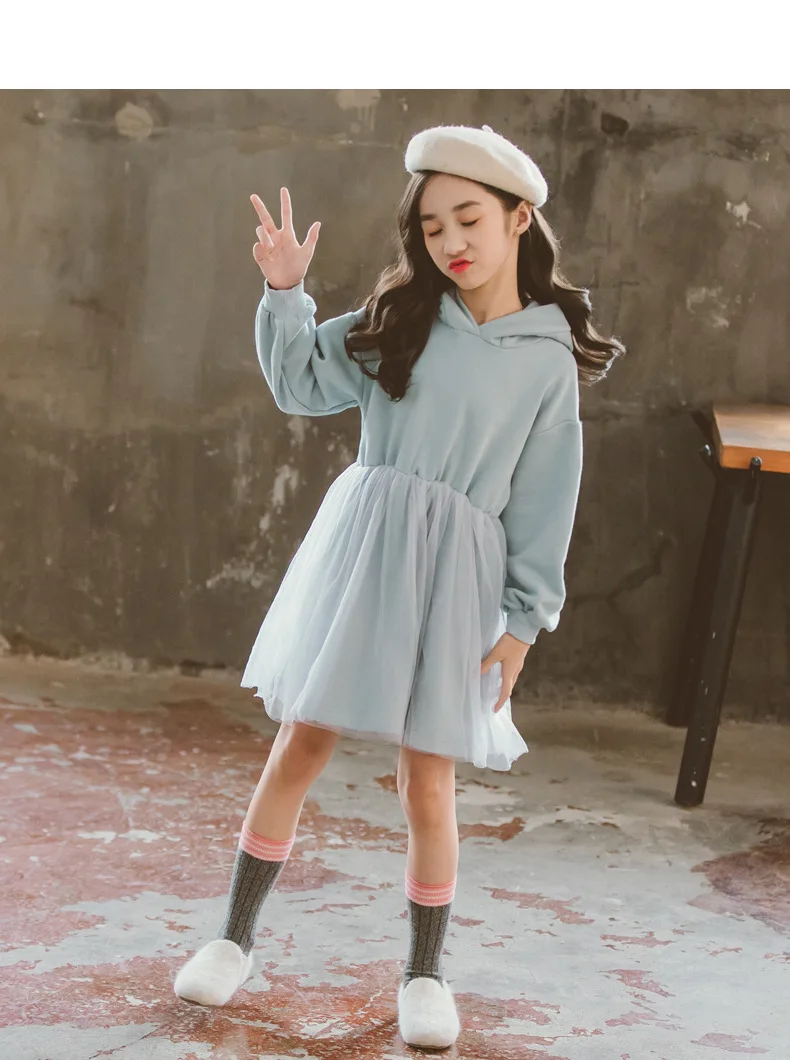 2020 Spring Autumn Big Girls Cute Pink Rabbit Ears Hooded Sweater Dresses Children Cotton Mesh Dress Blue Size 6 8 9 10 11 12 13 (18)