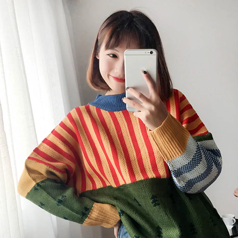 Kawaii Лоскутные вязаные свитера женские в полоску диких цветов зимний джемпер корейский свитер Harajuku Пуловеры Свитера с длинным рукавом