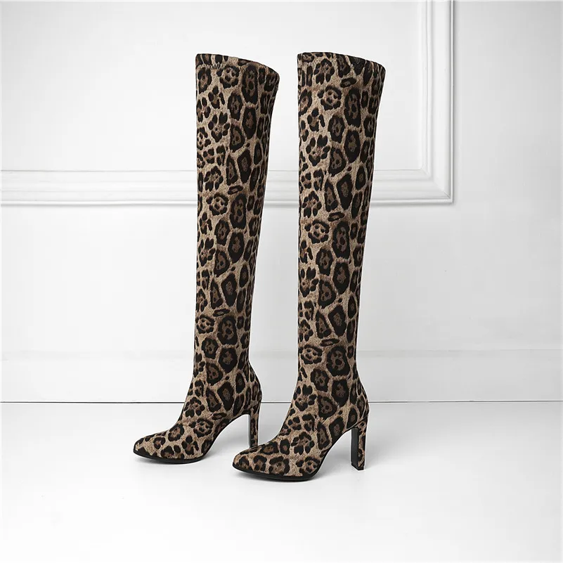 FEDONAS Sexy Leopard Women Thin High Heels Over The Knee Boots Pointed Toe Night Club Shoes Woman Autumn Winter Socks Boots