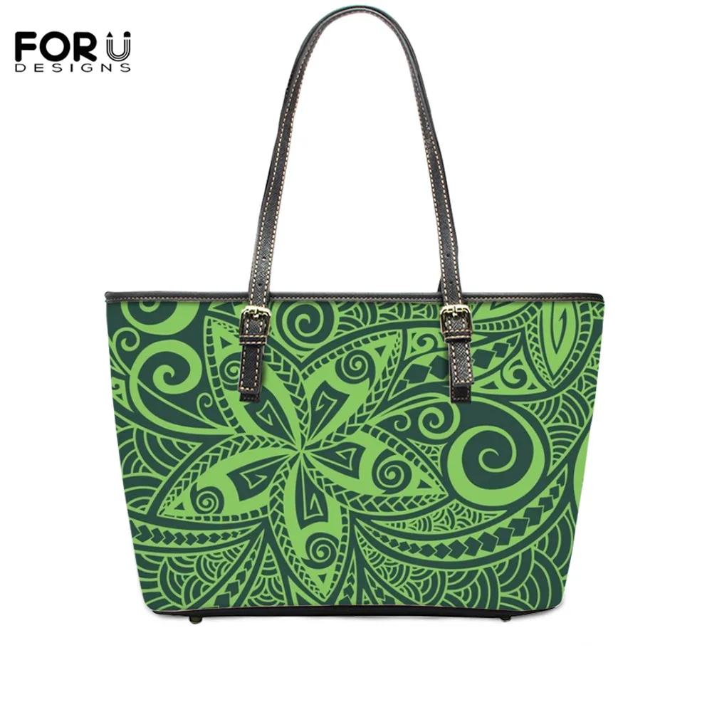

FOURDESIGNS Brand Designer Ladies Handbag Polynesian Tribal Flower Pattern Women PU Leather Shoulder Bag Large Capacity Tote Bag