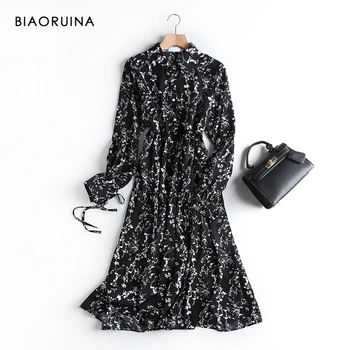 

BIAORUINA Women's Viscose Floral Print Black Long Dress Turn-down Collar Female Beach Style Single Breasted Casual Dress Vestido