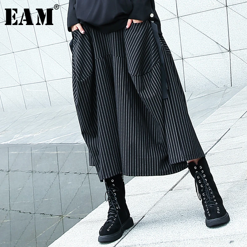 Leg-Pants Women Trousers EAM Pocket Stitching Waist-Black Striped Wide High-Elastic Fashion