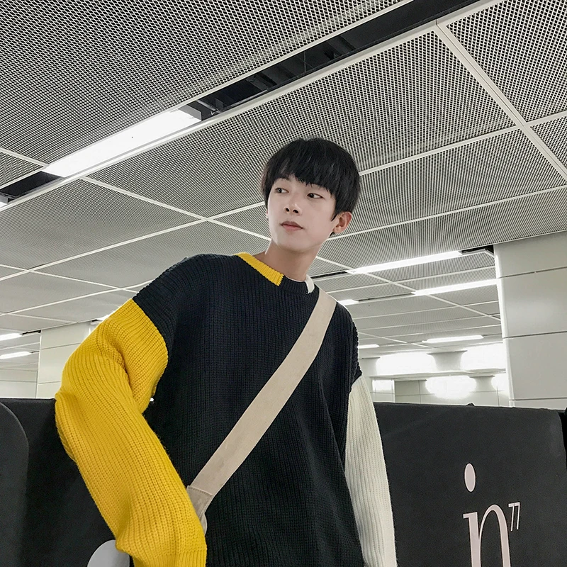 Winter Sweater Men Warm Fashion Contrast Color Casual Knit Sweaters Man Male Sweter Clothes Wild Loose Long-sleeved Pullover Men