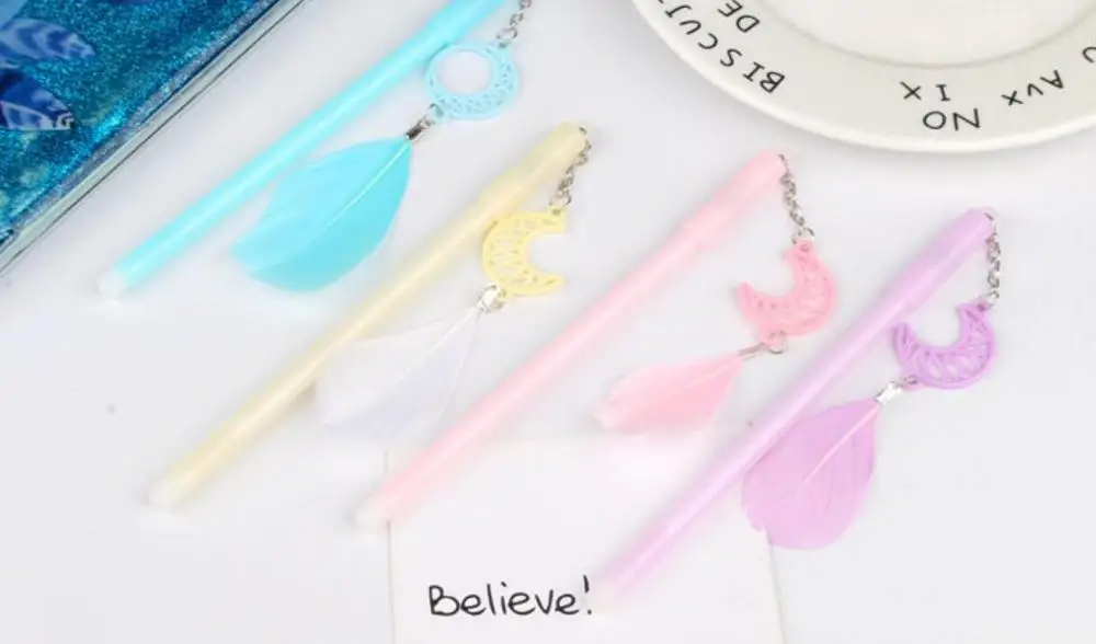 korea moon feather gel pen cartoon neutral pen student prize school office black write pen promotion gift pen 0.5mm 48pc/lot