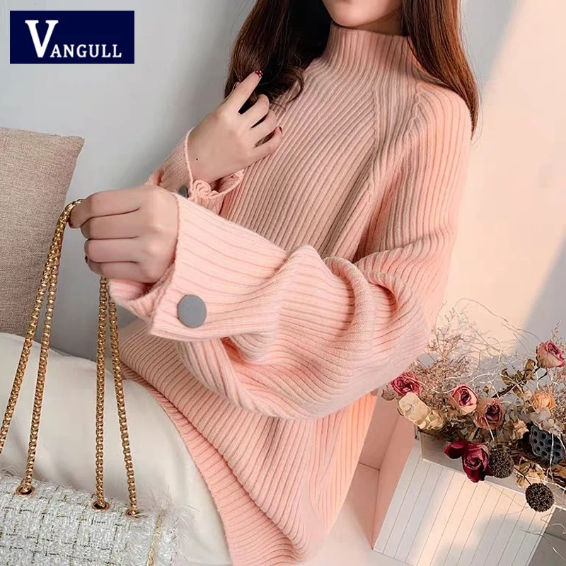 Pink Vangull вязаный женский свитер модный свободный полувысокий воротник однотонный пуловер зимний рукав летучая мышь кнопка женский свитер - Цвет: Pink