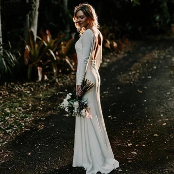 

Bohemian Mermaid Wedding Dresses 2020 Country Style Long Sleeve Backless Button Covered Beach Bridal Gowns Elegant Wedding Gowns