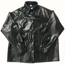

New Women oversized PU leather blouses 2021 Spring Autumn Black Faux Leather Basic Coat Turn-down Collar Motor Biker Jacket