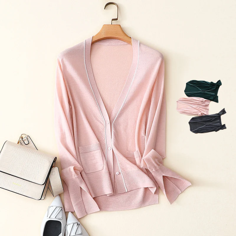 

Spring Autumn Worsted Thinhigh quality V-Neck Pure Cashmere Sweater Cardigan Women Short Loose Cuffs Split Female Shawl