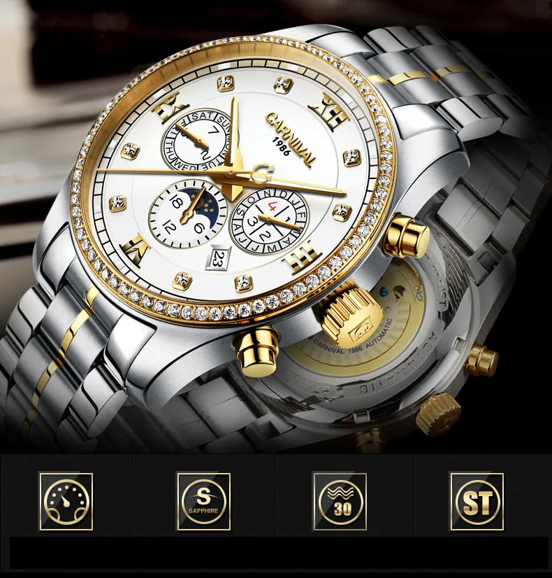 Carnival Brand Luxury Switzerland Waterproof Men Watches Mechanical Watch Men Multi-function Diamond Dial hombre relogio C8734-4