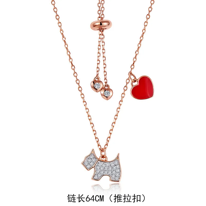 Rose Gold 64CM New genuine S925 sterling silver long necklace chain glue puppy heart-shaped Korean boutique jewelry woman gift - Цвет камня: Rose Gold 64CM