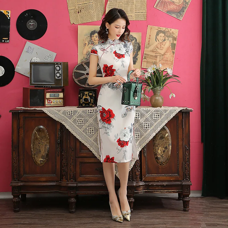 Women Handmade Button Cheongsam Chinese Traditional Dress Print Satin Dress Sexy Mandarin Collar Qipao M-4XL