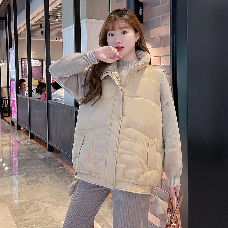 

Зимний черный женский теплый жилет без рукавов, однотонный короткий жилет с воротником-стойкой и хлопковой подкладкой, Женский Повседневный пуховой жилет из хлопка