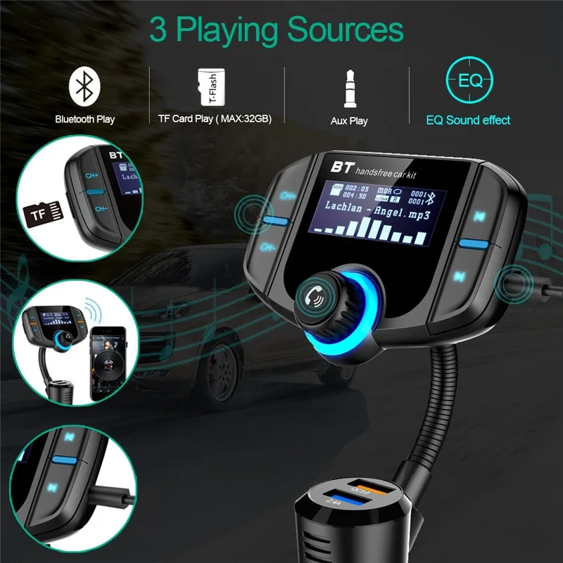 Bluetooth fm-передатчик с QC 3,0 беспроводной адаптер для автомобильного радио громкой связи с 1,7 дюймовым дисплеем и двойной зарядное устройство usb