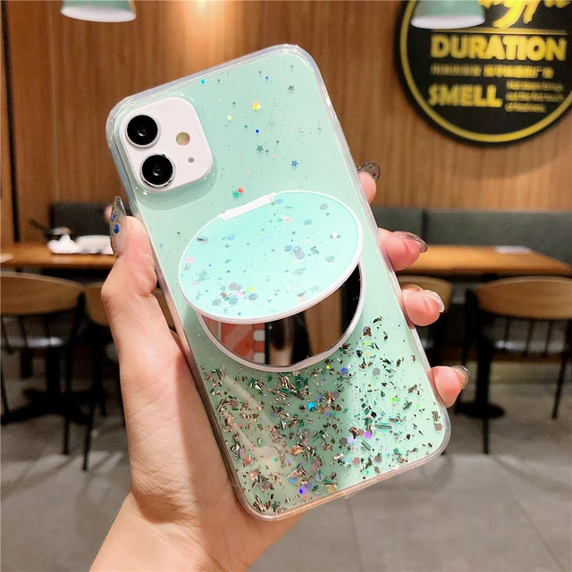 Luxury Glitter with Round Makeup Mirror Holder Phone Case for iPhone 13 11  12 PRO Max Xr Xs Max 7 8 Plus X Fundas Soft Bumperluxury Glitter with Wrist  - China Phone