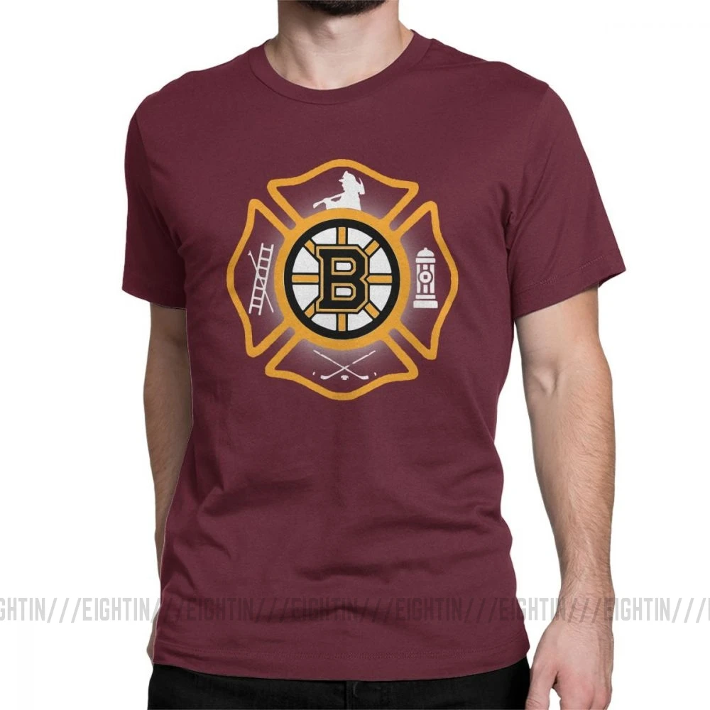 Мужская футболка в стиле пожарного Бостона, огненного бруинса повседневная одежда с короткими рукавами и круглым воротником футболки из хлопка размера плюс - Цвет: Burgundy