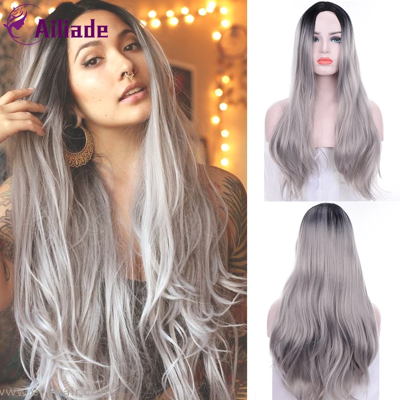 AILIADE Long Synthetic Wig Deep Part Straight Wigs Ombre Cosplay Mixed Black and Gray for Women | Шиньоны и парики