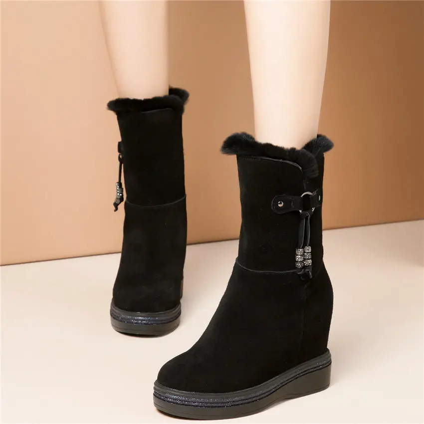 Punk Goth Trainers Women Cow Leather Wedges High Heel Snow Boots Rabbit Fur Platform Pumps High Top Winter Warm Fashion Sneakers
