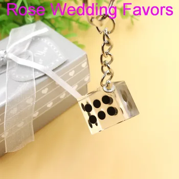 

(12pcs/Lot)FREE SHIPPING+Las Vegas Themed Chrome Keychain with Crystal Dice In Gift Box Wedding Favors Party Giveaways For Guest