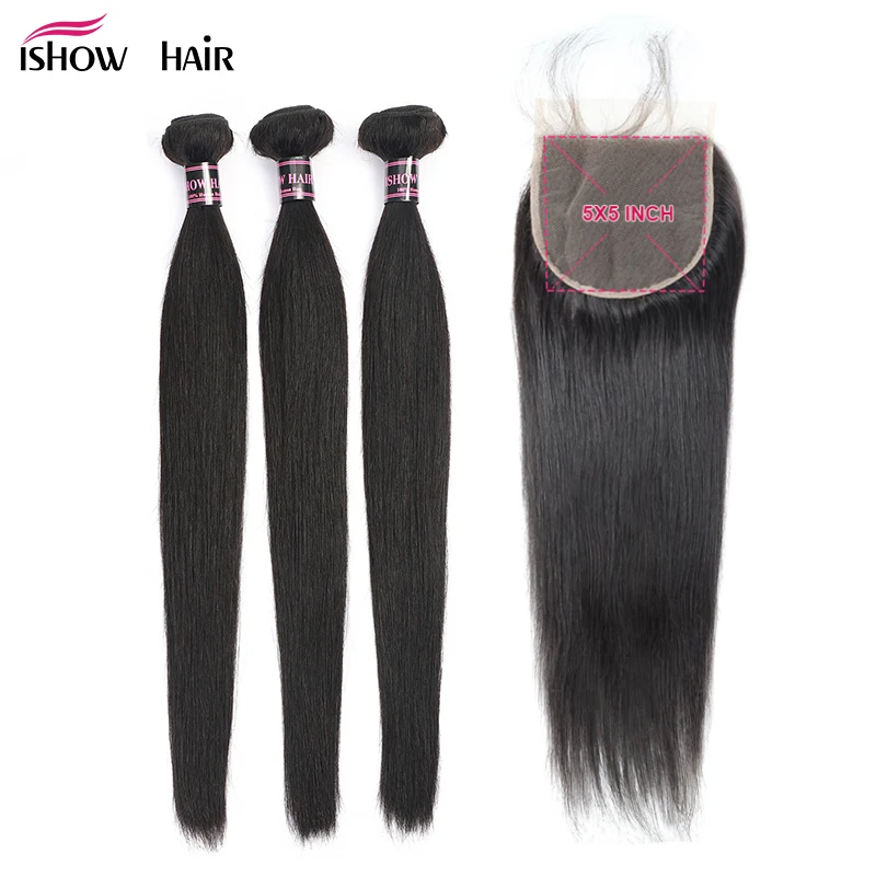 

Ishow Straight Hair Bundles With Closure 100% Human Hair 3 Bundles With 5X5 Closure Peruvian Hair Bundles With Closure Non Remy