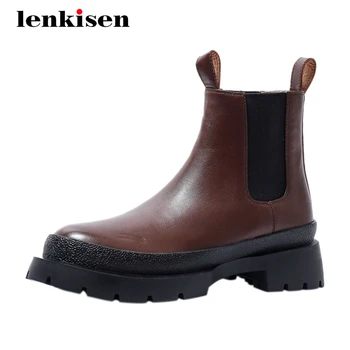 

Lenkisen Chelsea boots genuine leather stretch platform thick med heel round toe slip on patchwork energy lady ankle boots L90
