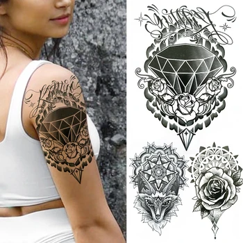 

3D Diamond Fake Temporary Tattoos For Women Chest Hands Black Mandala Henna Lion Tattoo Sticker Rose Mehndi Flower Tatoos Chains