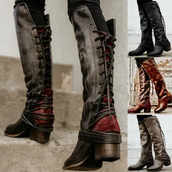 

high knee Women Boots Scarpe Embroider Thick Heel Boots Retro Western Cowboy Boots Female Winter Boots Booties Botas Mujer