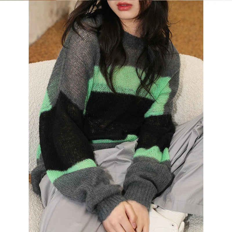 

Green And Black Striped Sweater Women 2021 Autumn/Winter New Korean Style Fall Clothes Loose Casual Y2K Oversized Thin Sweaters