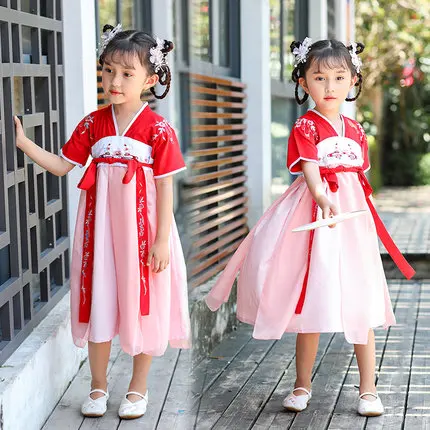 В китайском стиле; красивая детская юбка Hanfu; Длинные костюмы для девочек; Верхняя одежда; детская одежда для сцены
