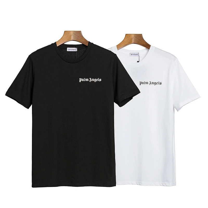 Carta logotipo Palm Angels hombres mujeres Unisex amantes modelos de moda Casual de manga corta de algodón regalo de novio T-camisa de cuello redondo