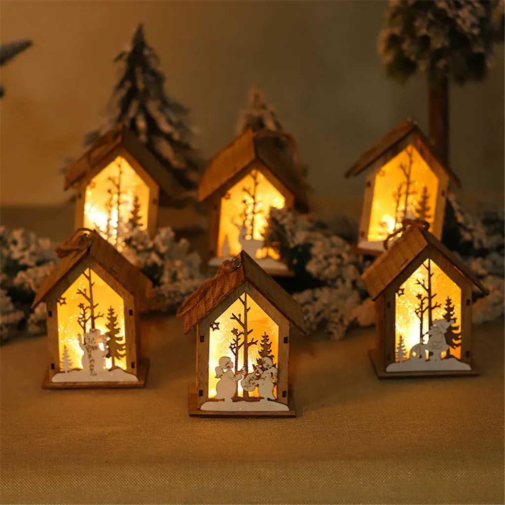 

LED Light Wood House Cute Christmas Tree Hanging Ornaments Holiday Decoration