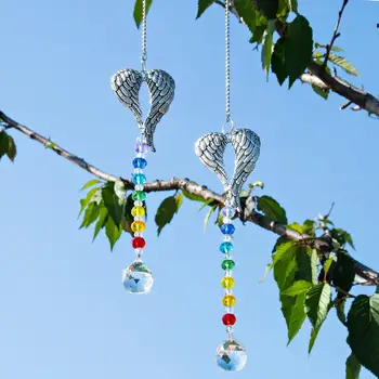 

H&D 2pcs 20mm Crystal Prism Ball Suncatcher Chakra Colors Rondelle Beads Strand with Angel Wing Rainbow Maker For Window Decor