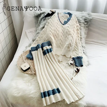 

Genayooa Sweater Suit 2019 V Neck Two Piece Set Top And Skirt 2 Piece Set Women Set Outfits Suit Autumn Winter Thick Women Sets