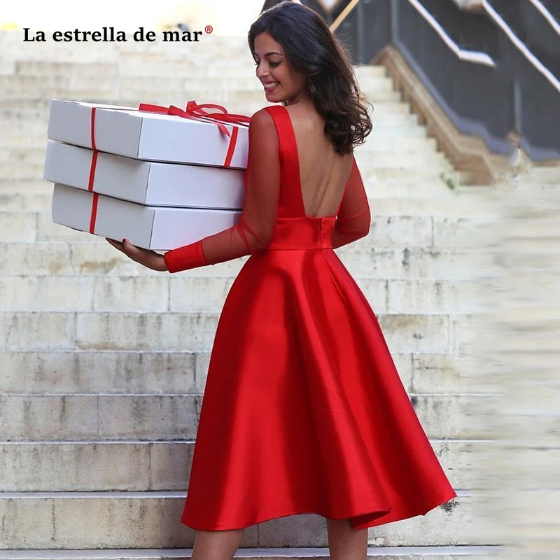 red satin tea length dress