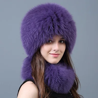 Purple НОВАЯ шапка из лисьего меха женский нагрудник дамские осенне-зимние шапки для настоящей зимне наушники шапка шарф Двухсекционный модный Теплый головной убор шарф Набор Женская шапка - Цвет: Purple