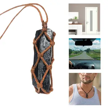 

Natural Black Tourmaline Retro Raw Gemstone Pendant Crystal Hand-Woven Jet Stone Ore Radiation Protection