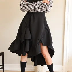 Outono 2021, preto, saia, versão coreana, saia rabo de peixe, irregular, saias femininas 2020, moda, elegância, retrô, frete grátis