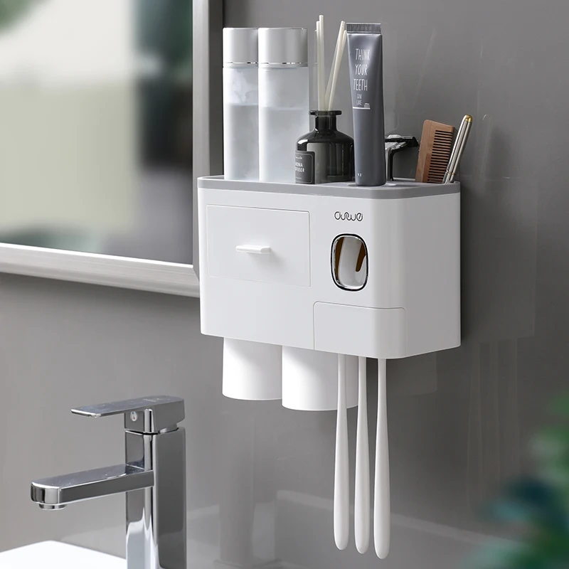 B-Gray 2 Cups GUNOT Magnetic Adsorption Toothbrush Holder Toothpaste Dispenser Wall Mounted Storage Box Multifunction Bathroom Accessories Set - Цвет: B-Gray 2 Cups