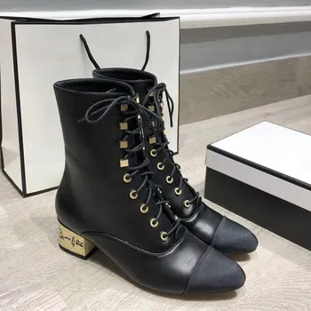 

Autumn and winter boots woman New black lace up Mid heel boots High heel ankle boots Fashion short boots ladies high heels boty