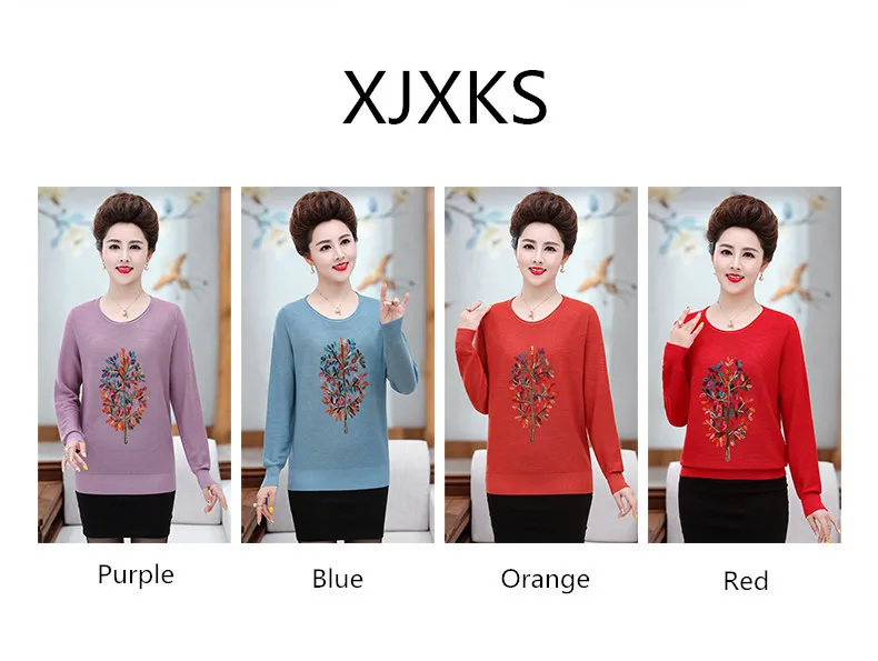 XJXKS Fall Middle-aged Women Jumper Winter Sweaters Pullovers Plus Size O-neck Wool Sweater Women Long Sleeve Mother Tops