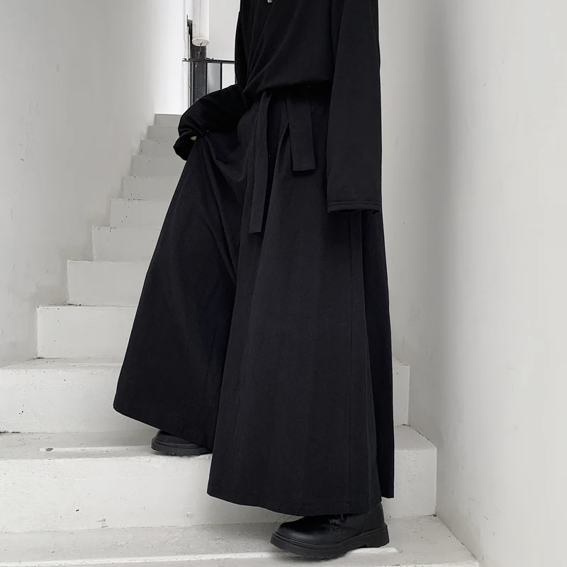 Male Women Streetwear Hip Hop Punk Gothic Ribbon Harem Skirt Trouser Men Japan Style Loose Casual Black Kimono Wide Leg Pants
