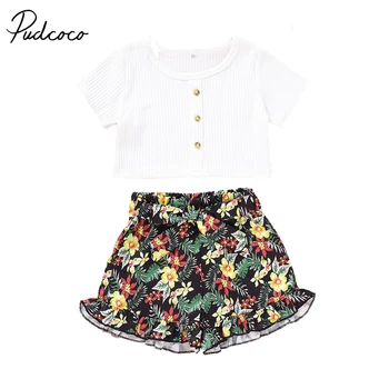 

2020 Baby Summer Clothing Toddler Baby Girl Outfits Set Solid Color Buttons Short Sleeve T-Shirt Tops+Floral Short Ruffle Pant
