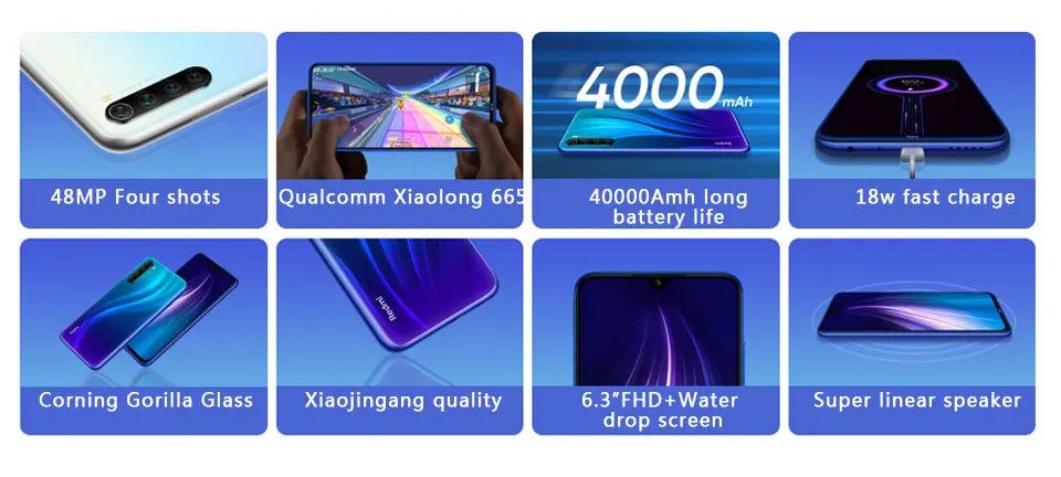 Смартфон Xiaomi Redmi Note 8 с глобальной ПЗУ, 4 ГБ, 64 ГБ, Восьмиядерный процессор Snapdragon 665, 6,3 дюйма, 48мп, четырехъядерный, задняя камера, мобильный телефон