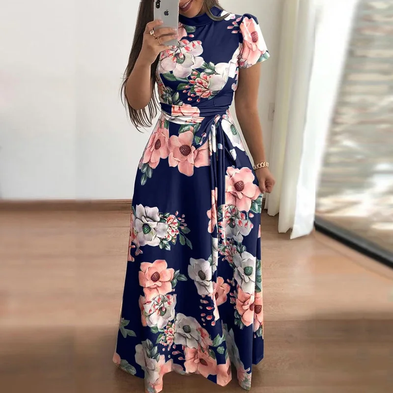 

Floral Print Short Sleeve Long Dress Women Summer Casual O Neck Sashes Boho Slim Party Maxi Dresses Female Vestido Plus Size 5XL