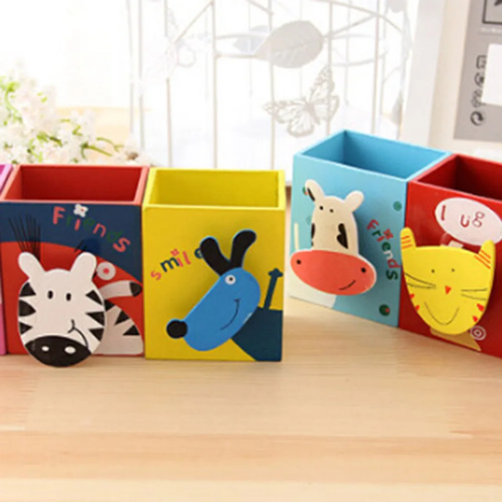 

1Pcs Random Wooden Cartoon Pen Holder Cute Animal Pen Box Students Supplies Gift Desk Organizer Pencil Storage School Stationery