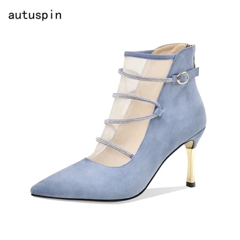 

women summer pointed toe mesh pumps fashion metal heel ankle botas for women party wedding high heels ladies zipper shoes spring